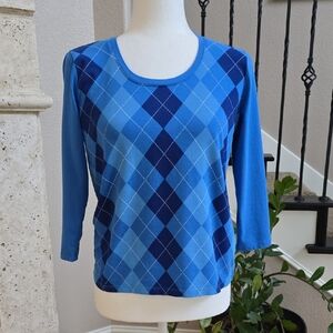 Talbots Blue Argyle Long Sleeve Top